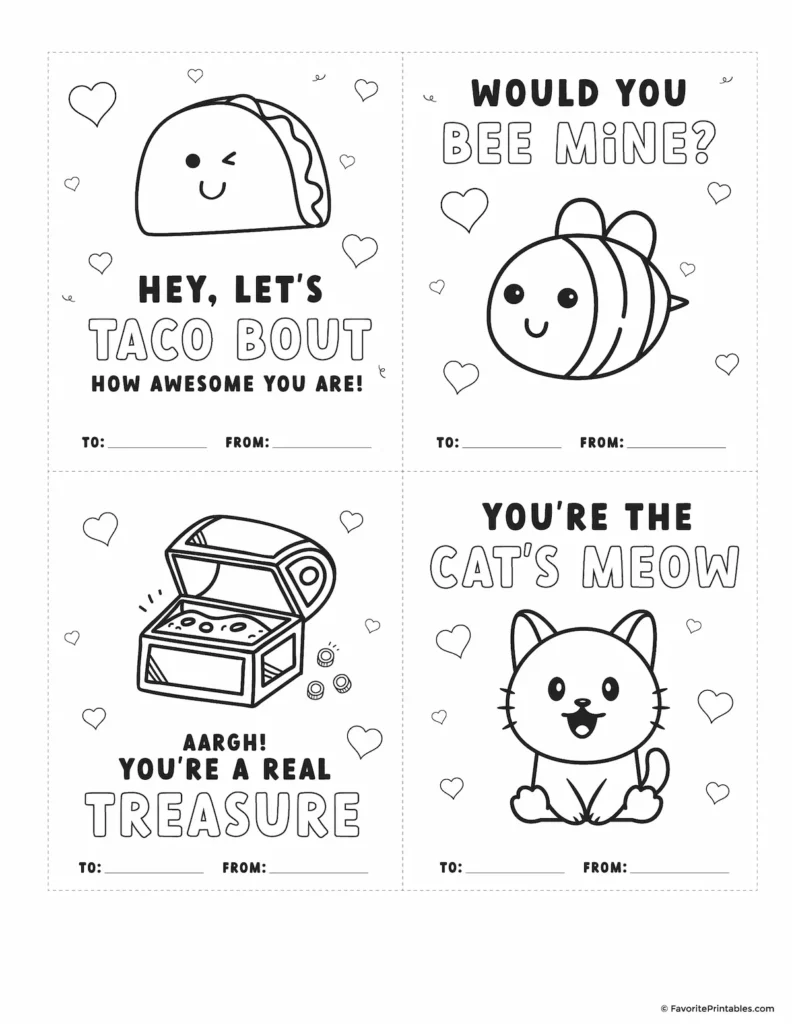 Free printable valentines cards to color set with taco, bee, treasure chest and cat.