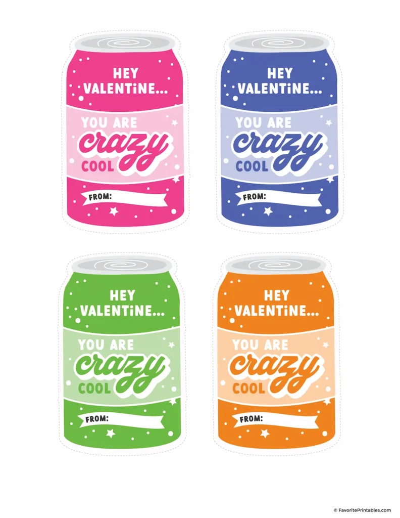 Free printable crazy straw valentine cards in pink, blue, green and orange.