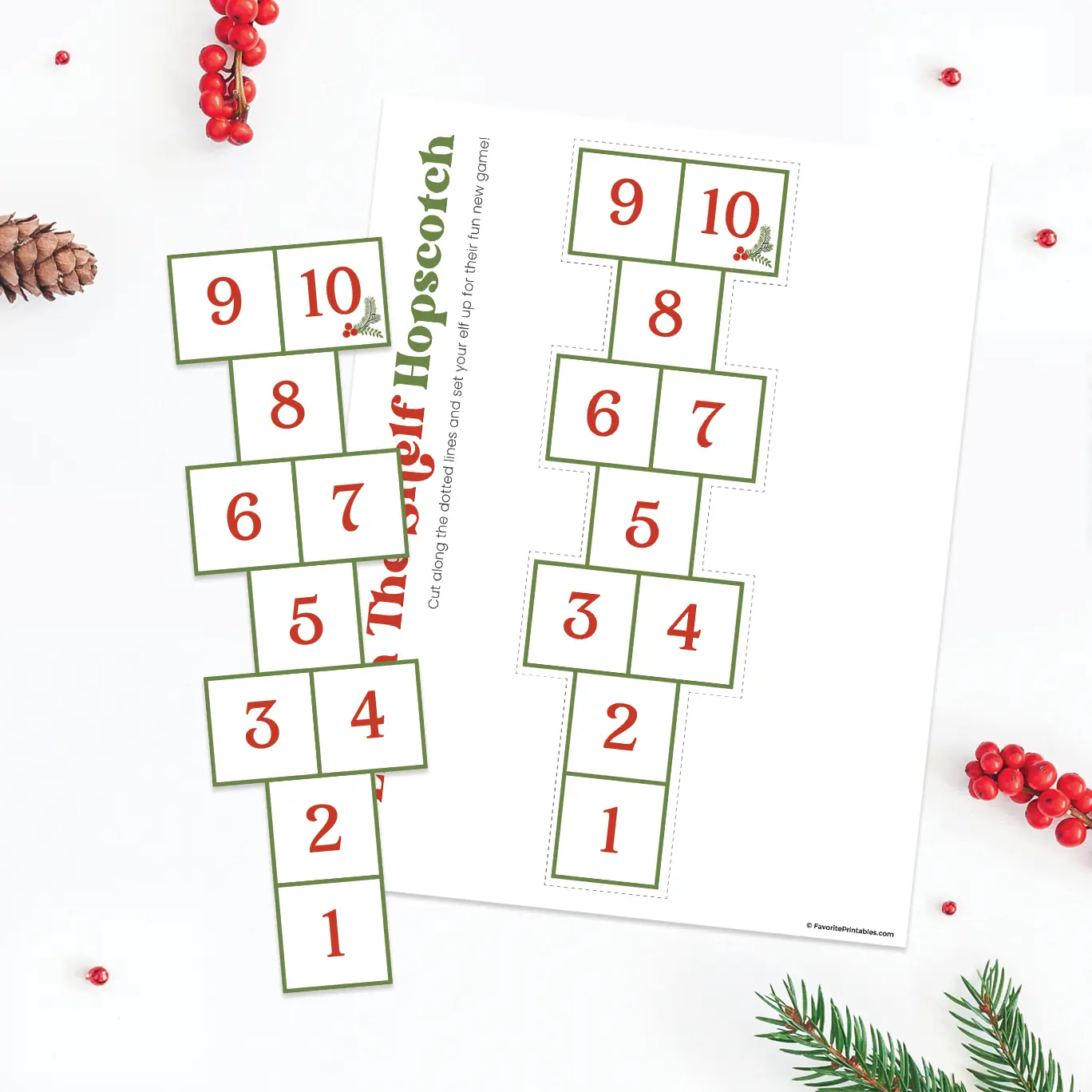 Free printable Elf On The Shelf hopscotch game.