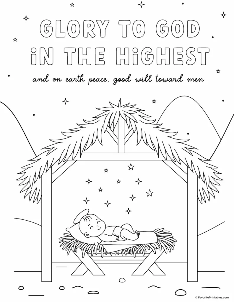 Free printable Nativity coloring page with bible verse.