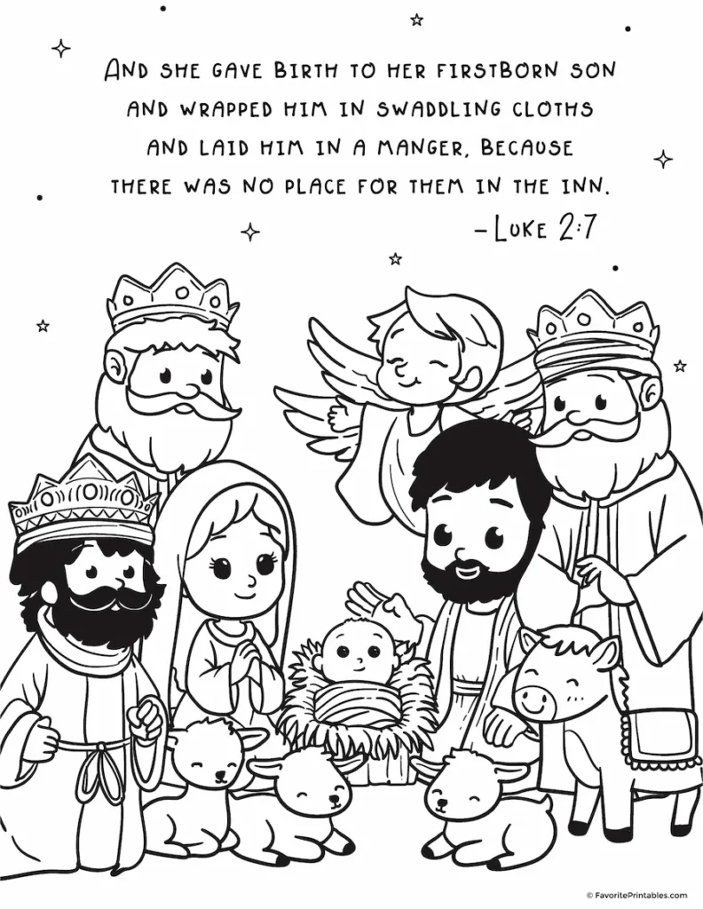 Free printable Nativity coloring page with bible verse.