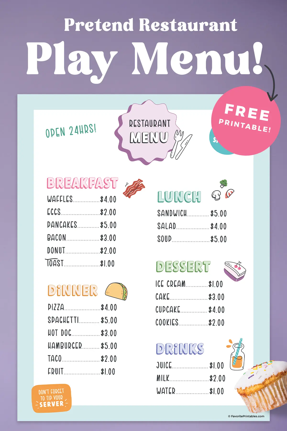 Free printable play pretend menu pin.