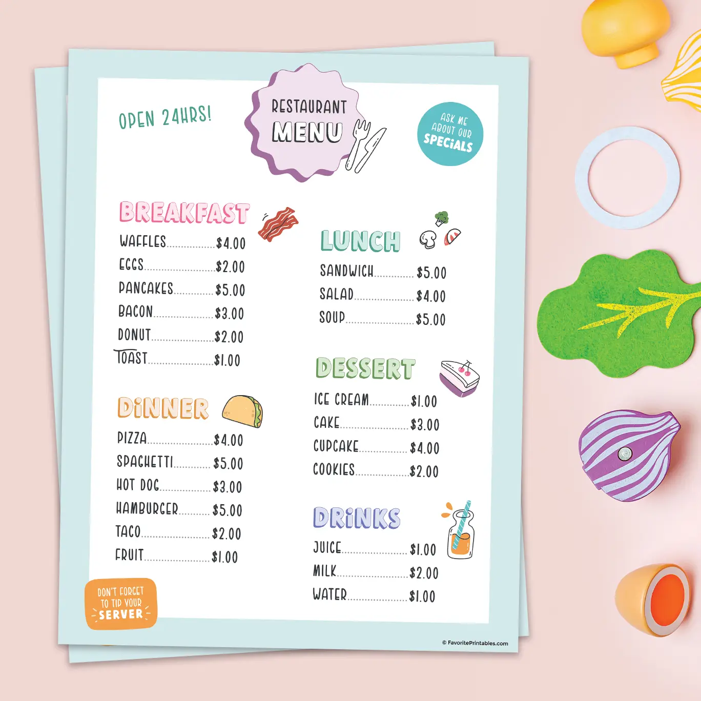 Free printable play pretend menu.