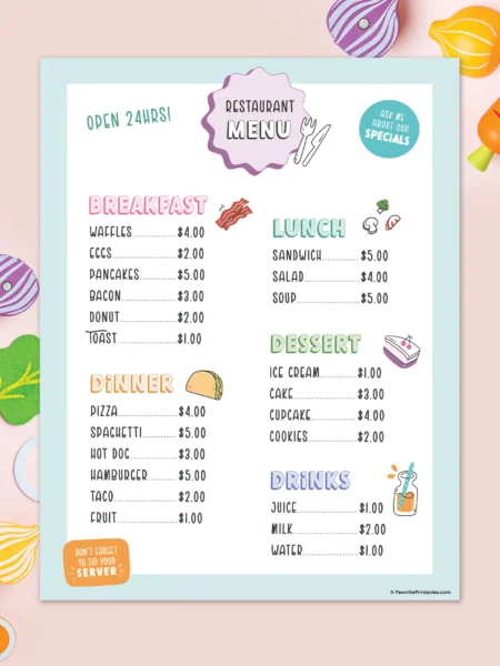 Free printable play pretend menu.