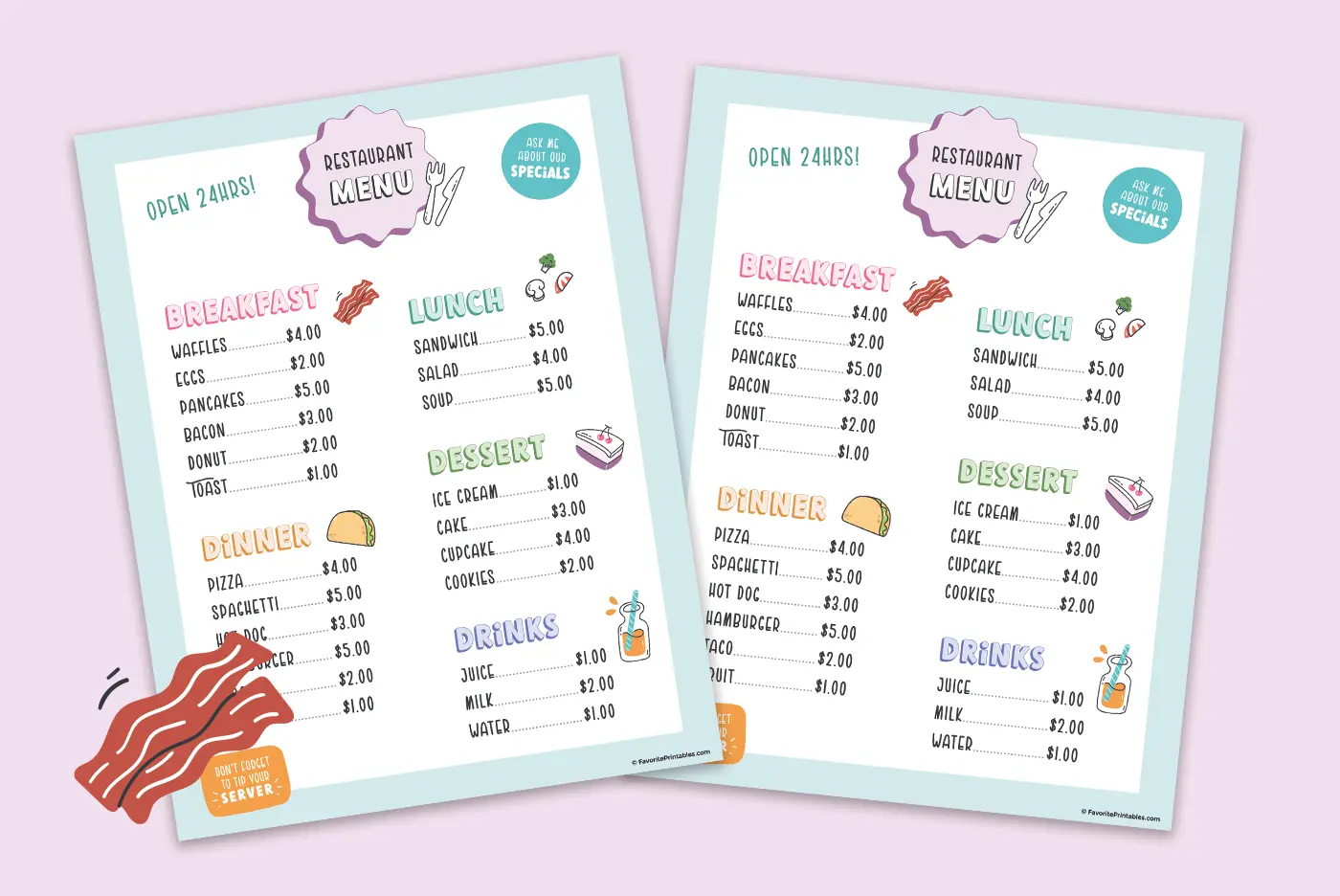 Free printable play pretend menu.