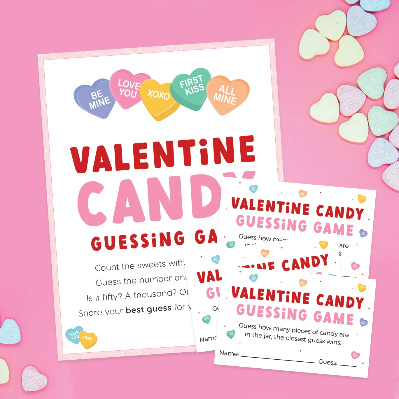 Free printable Valentine candy heart guessing game.