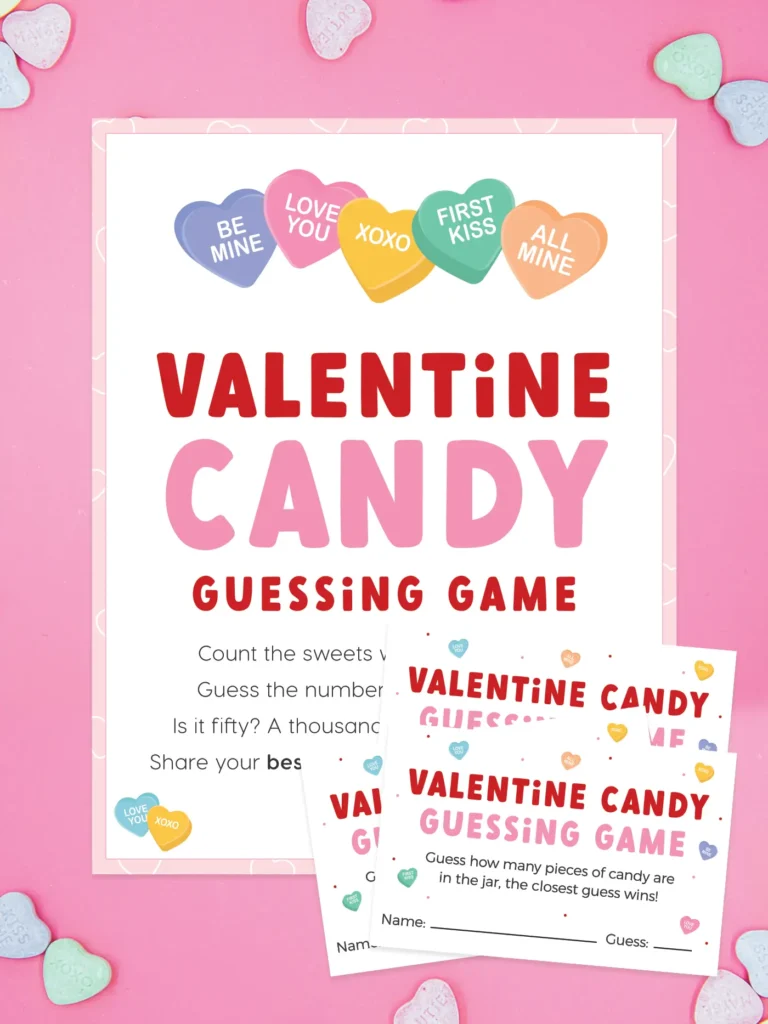 Free printable Valentine candy heart guessing game.