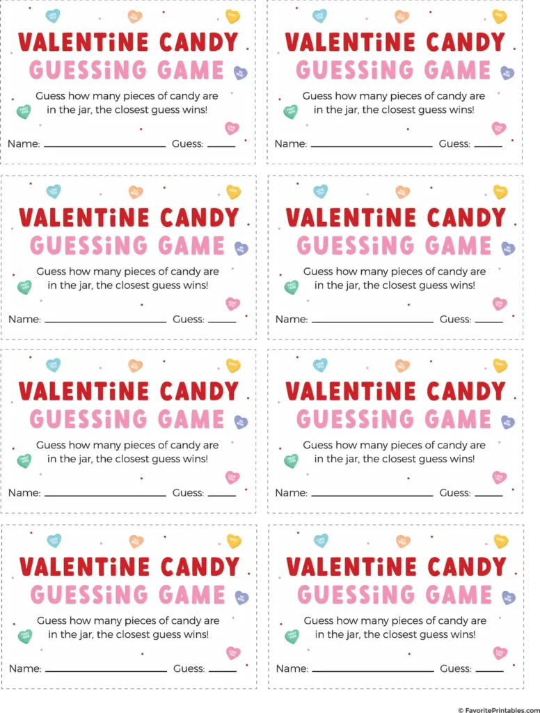 Free printable Valentine candy heart guessing game cards.