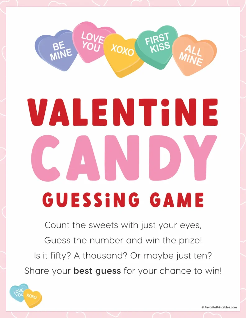 Free printable Valentine candy heart guessing game poster.