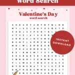 Free printable Valentines Day word search.