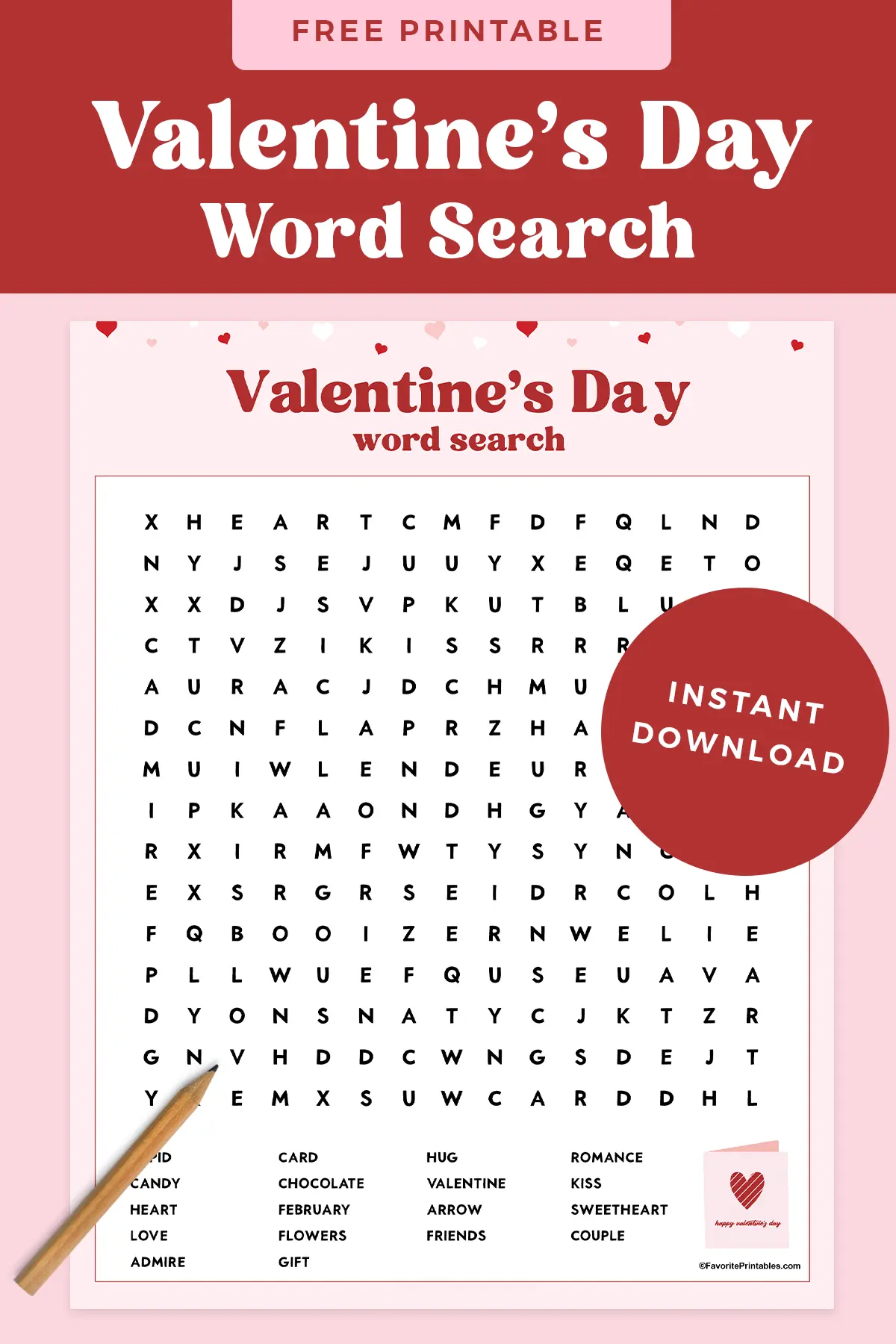 Free printable Valentines Day word search.