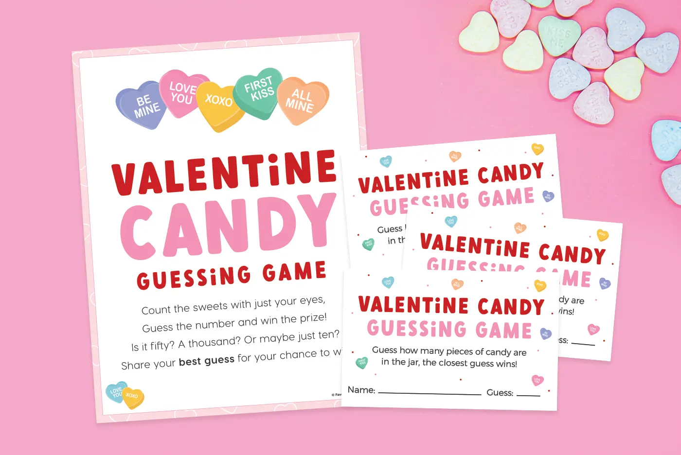 Free printable Valentine candy heart guessing game.