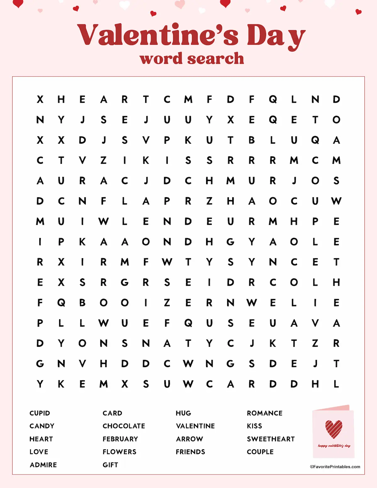 Free printable Valentines Day word search preview.