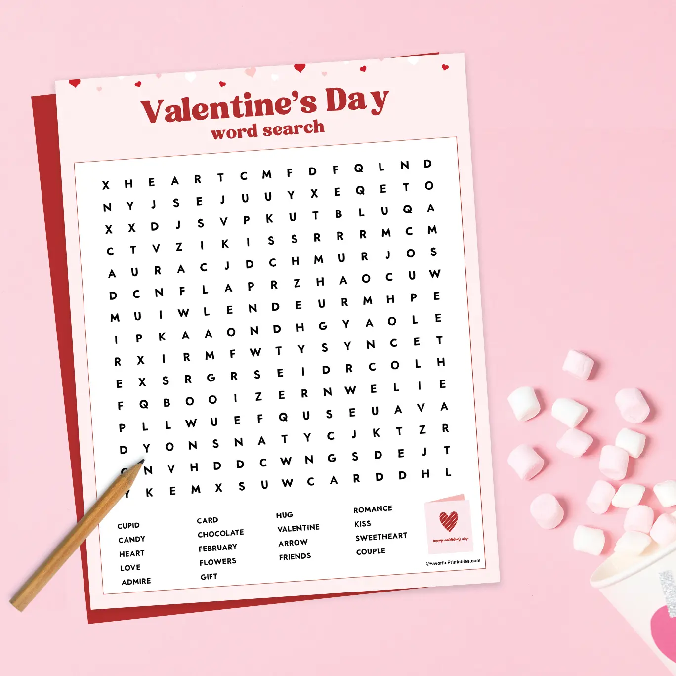 Free printable Valentines Day word search.