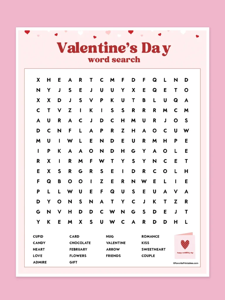 Free printable Valentines Day word search.