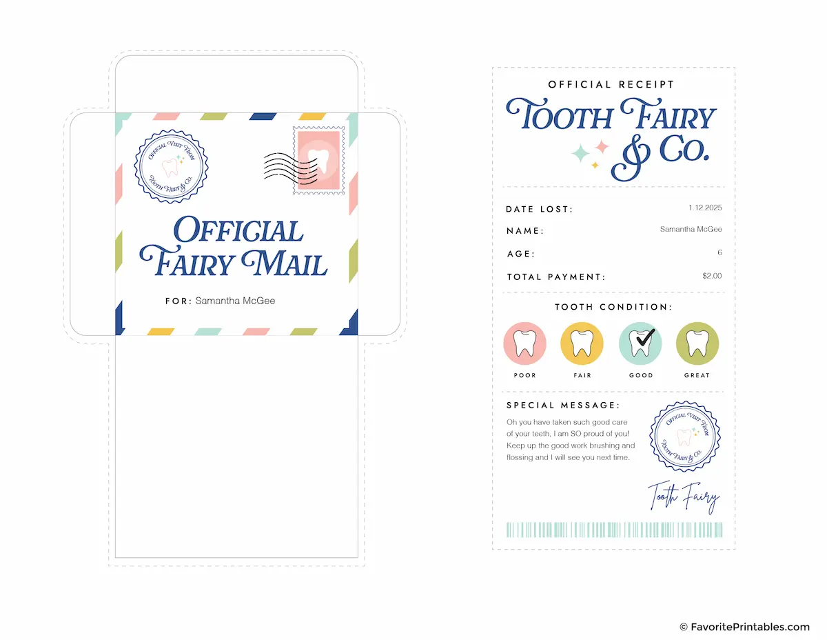 Free printable tooth fairy receipt with envelope.