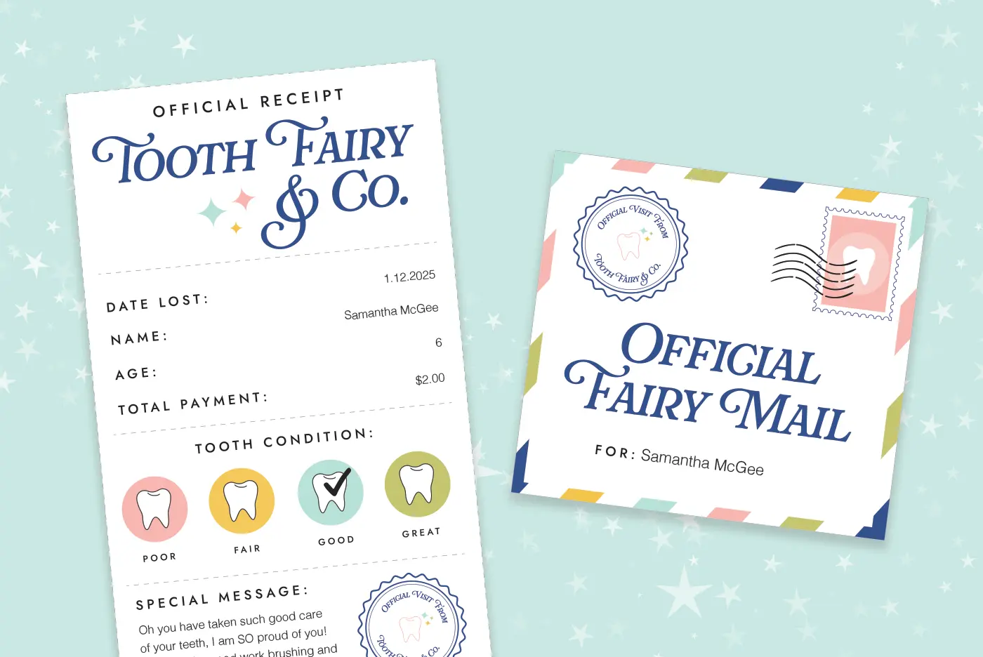 Free printable tooth fairy receipt with envelope.