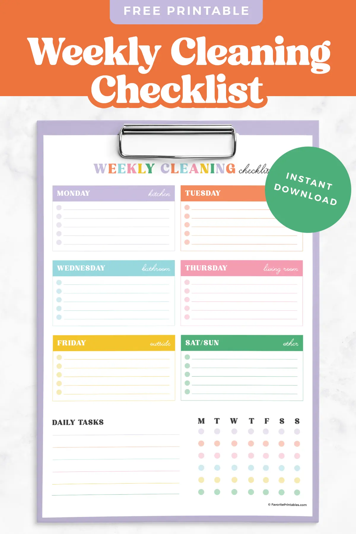 Free printable weekly cleaning checklist pin.