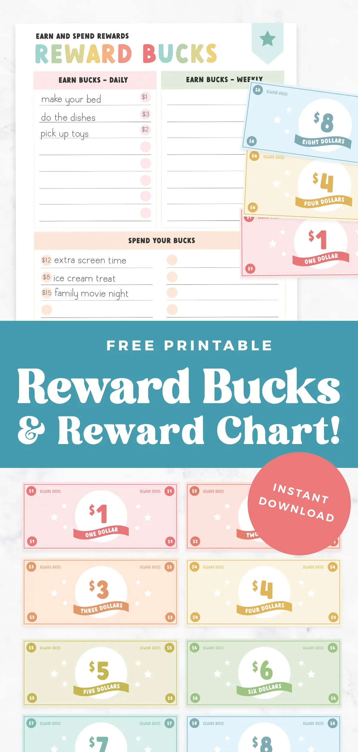 Printable kid's reward bucks and chart pin.