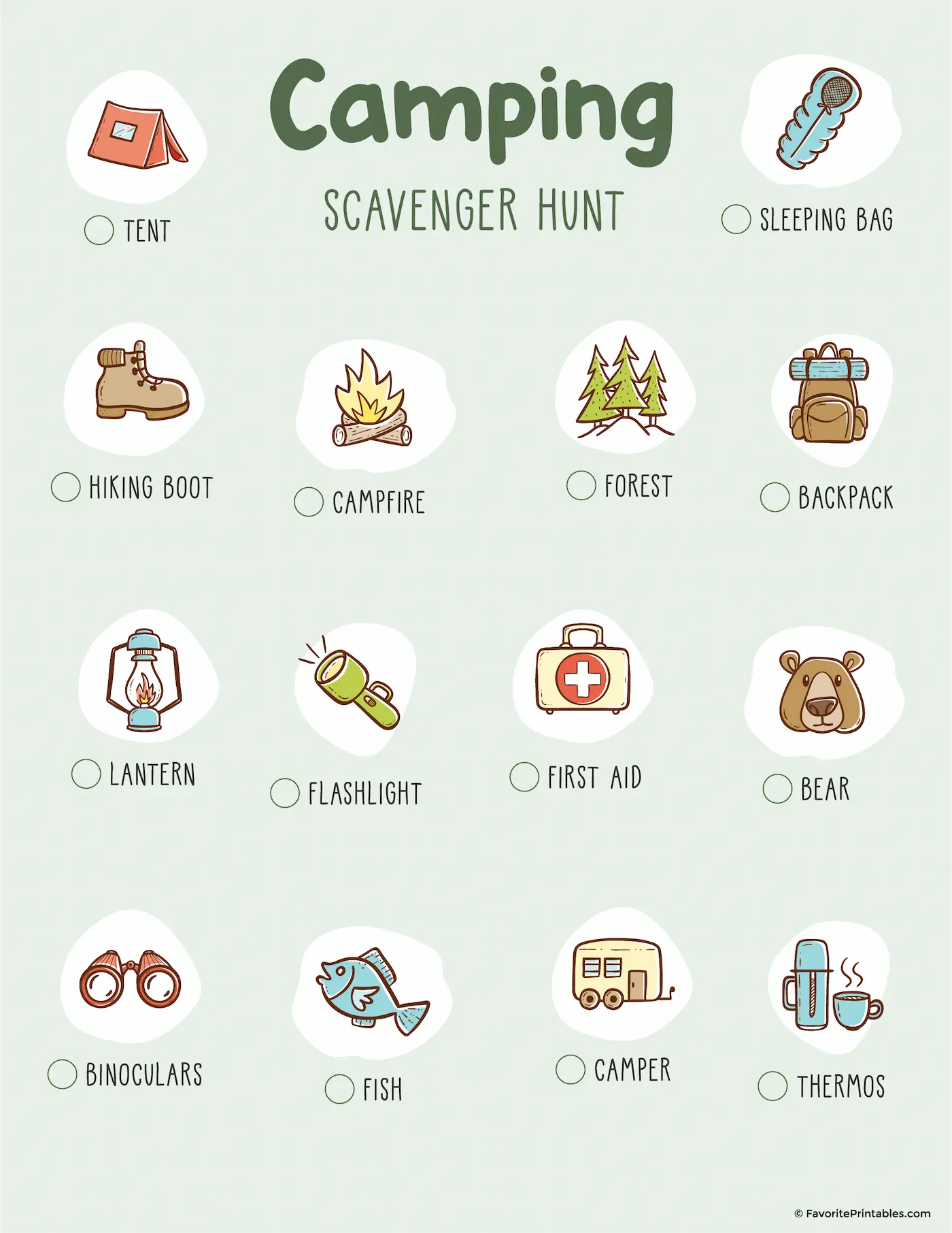 Free printable camping scavenger hunt for kids.