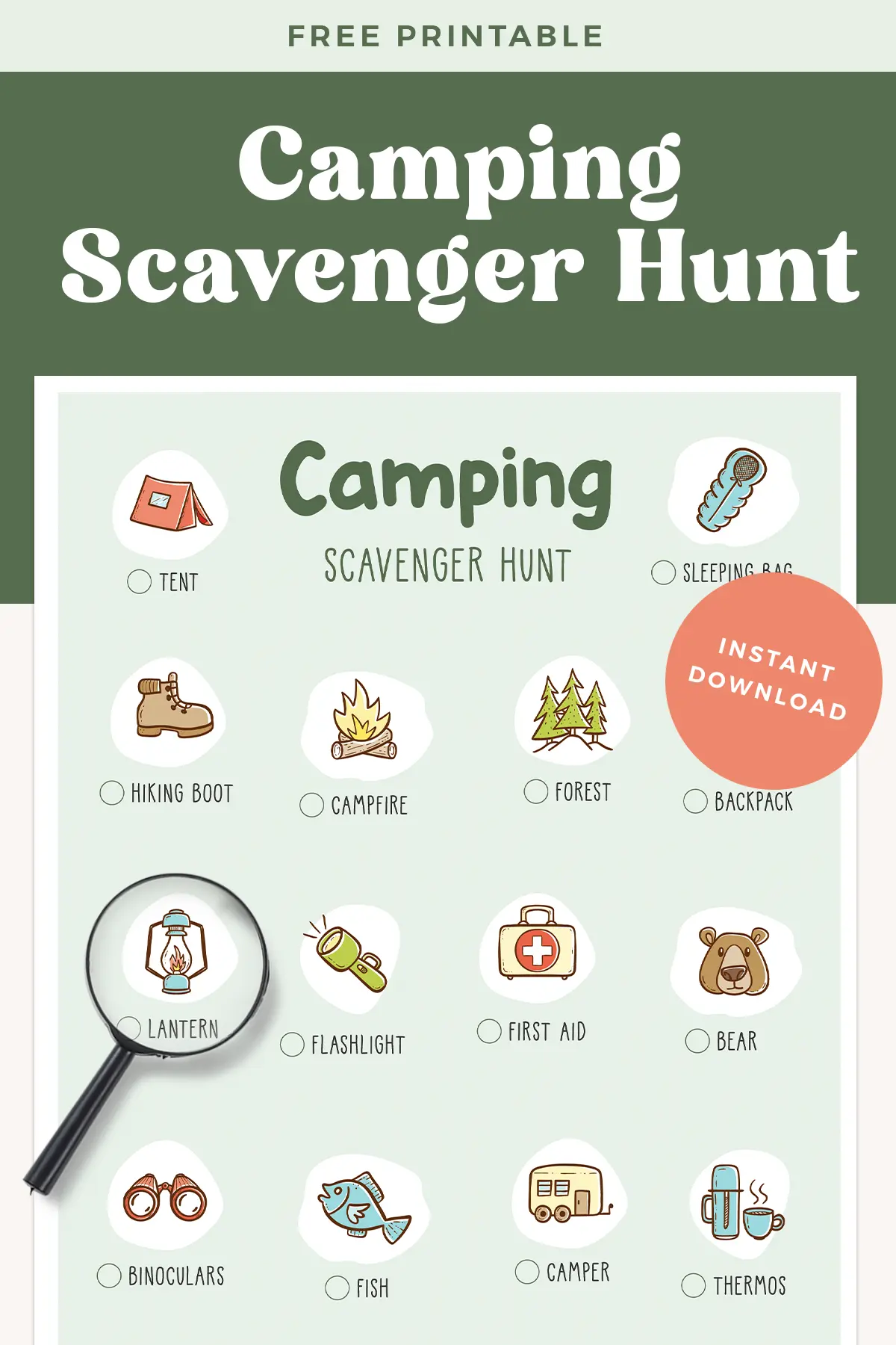 Free printable camping scavenger hunt for kids.