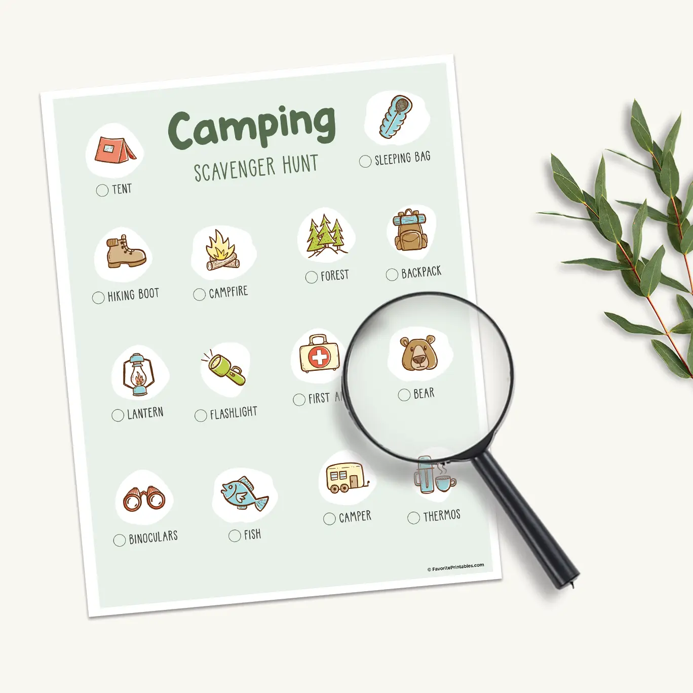 Free printable camping scavenger hunt for kids.