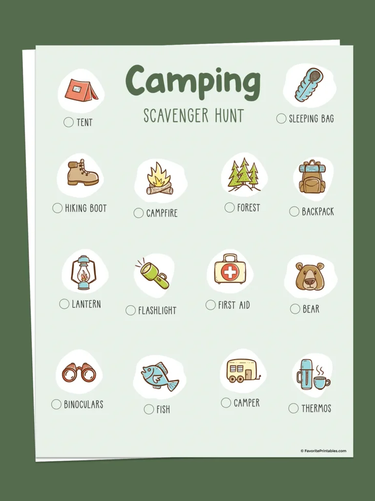 Free printable camping scavenger hunt for kids.