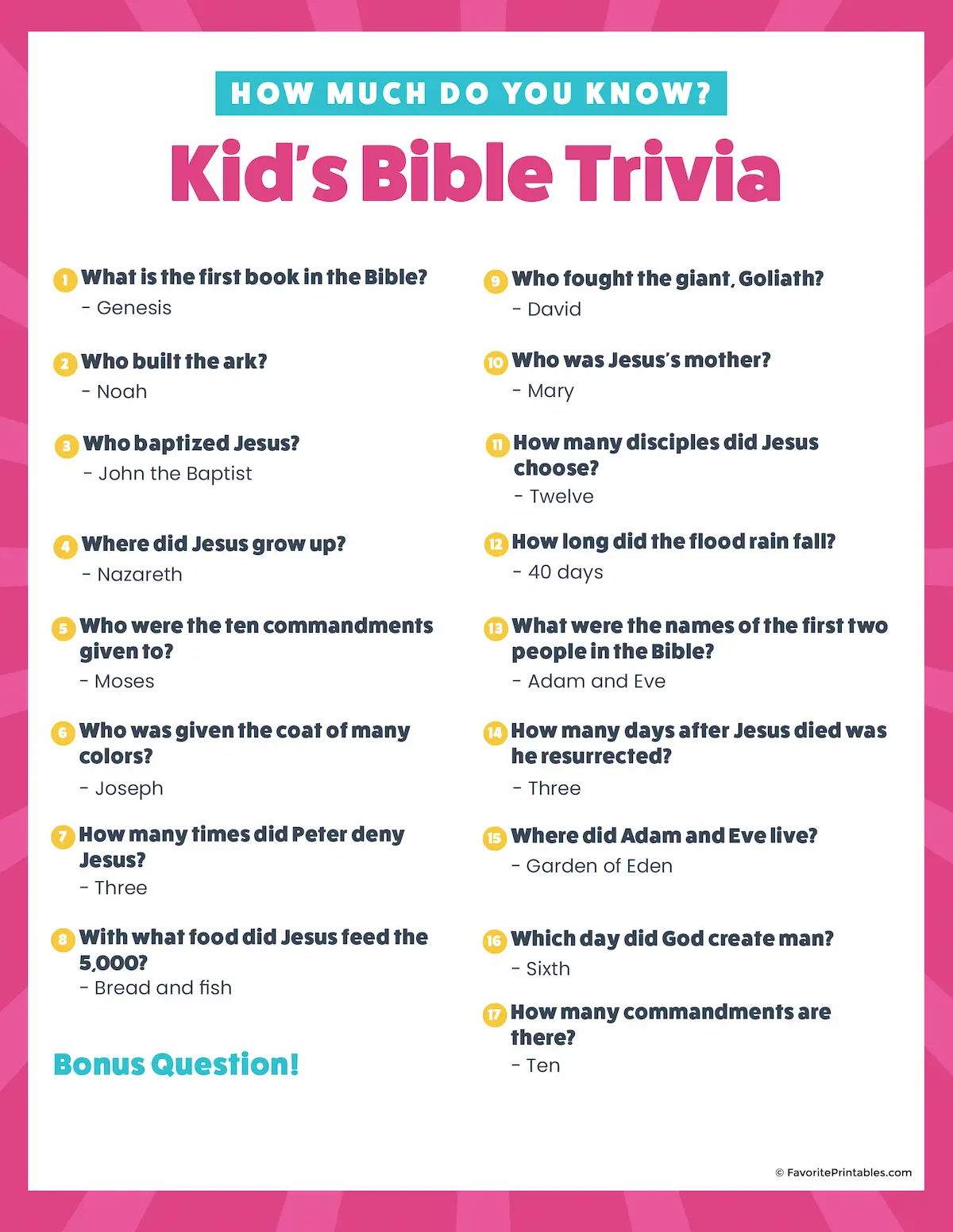 Free Printable Bible trivia for kids.