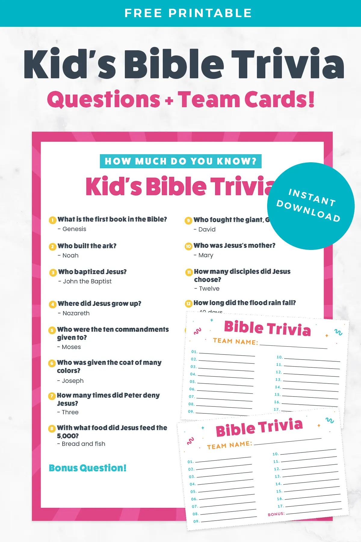Free Printable Bible trivia for kids pin.