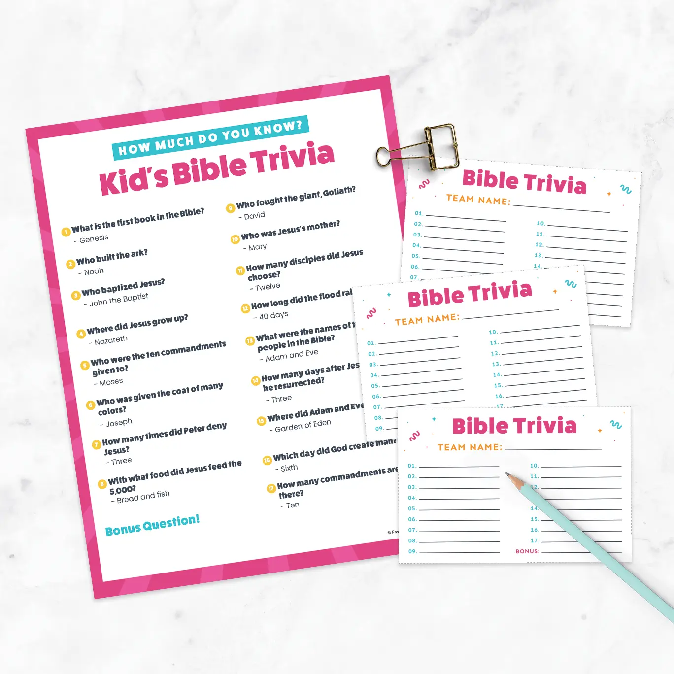 Free Printable Bible trivia for kids questions and cards.