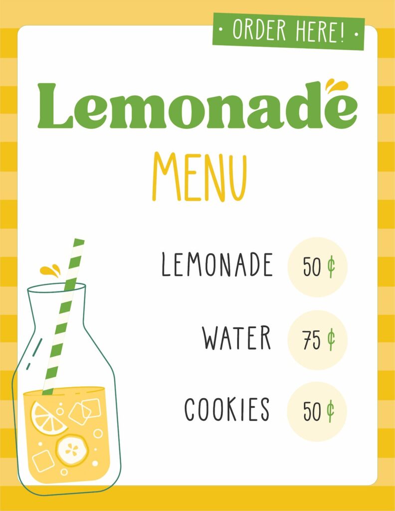 Free printable lemonade stand menu sign.