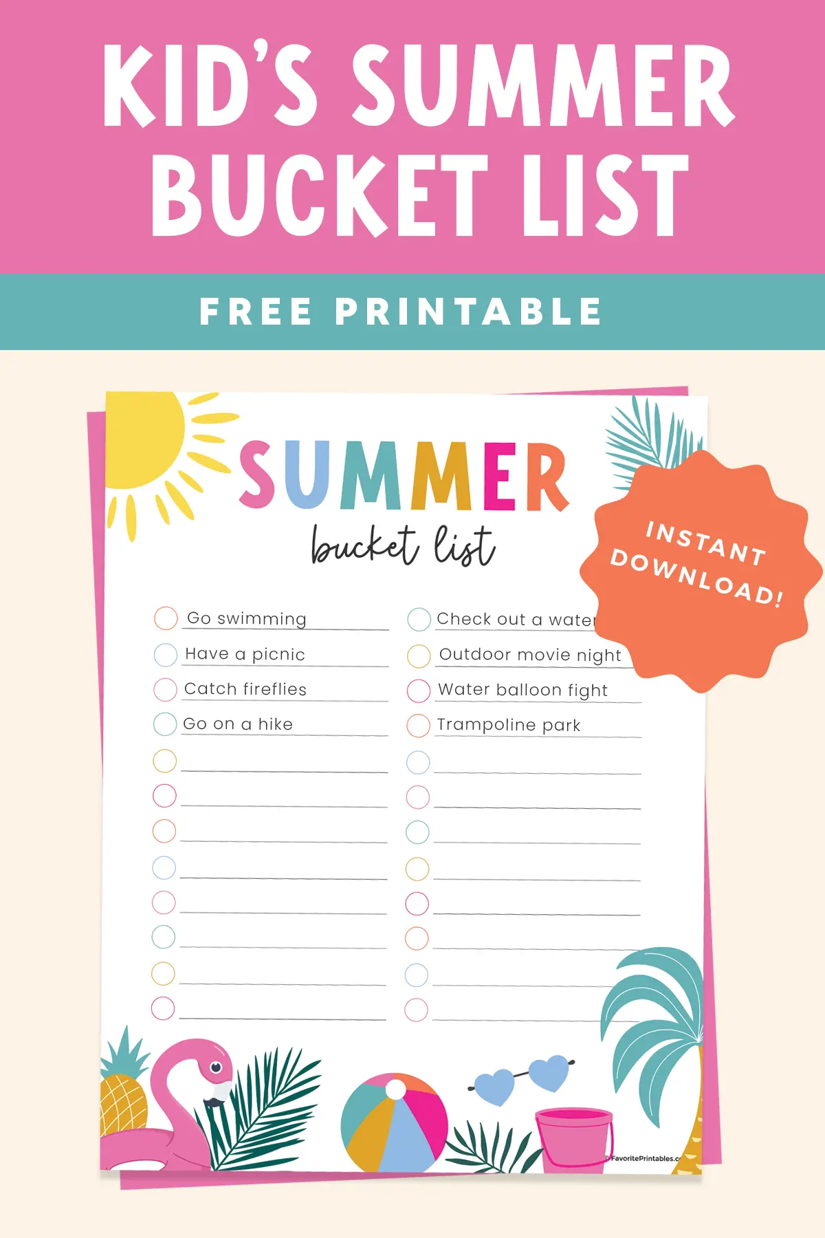 Printable summer bucket list for kids pin.