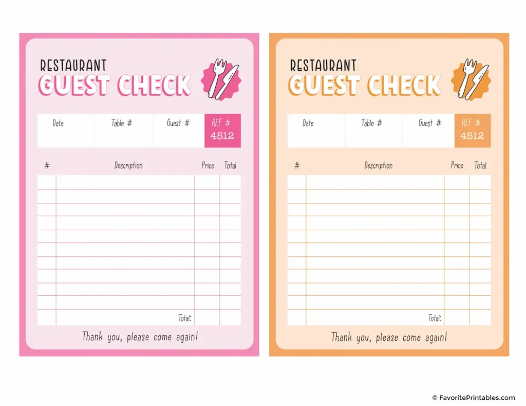 Pretend play restaurant guest checks.