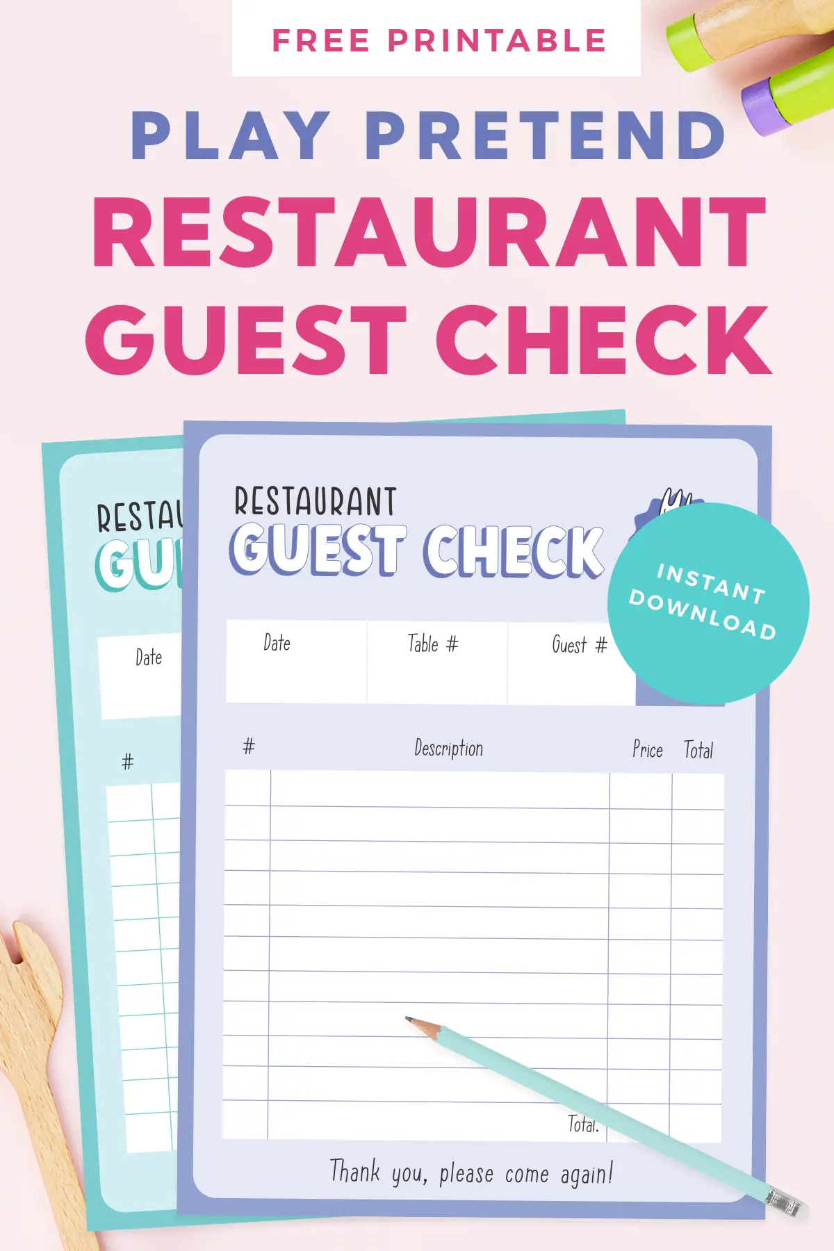 Pretend Play Restaurant Guest Check.