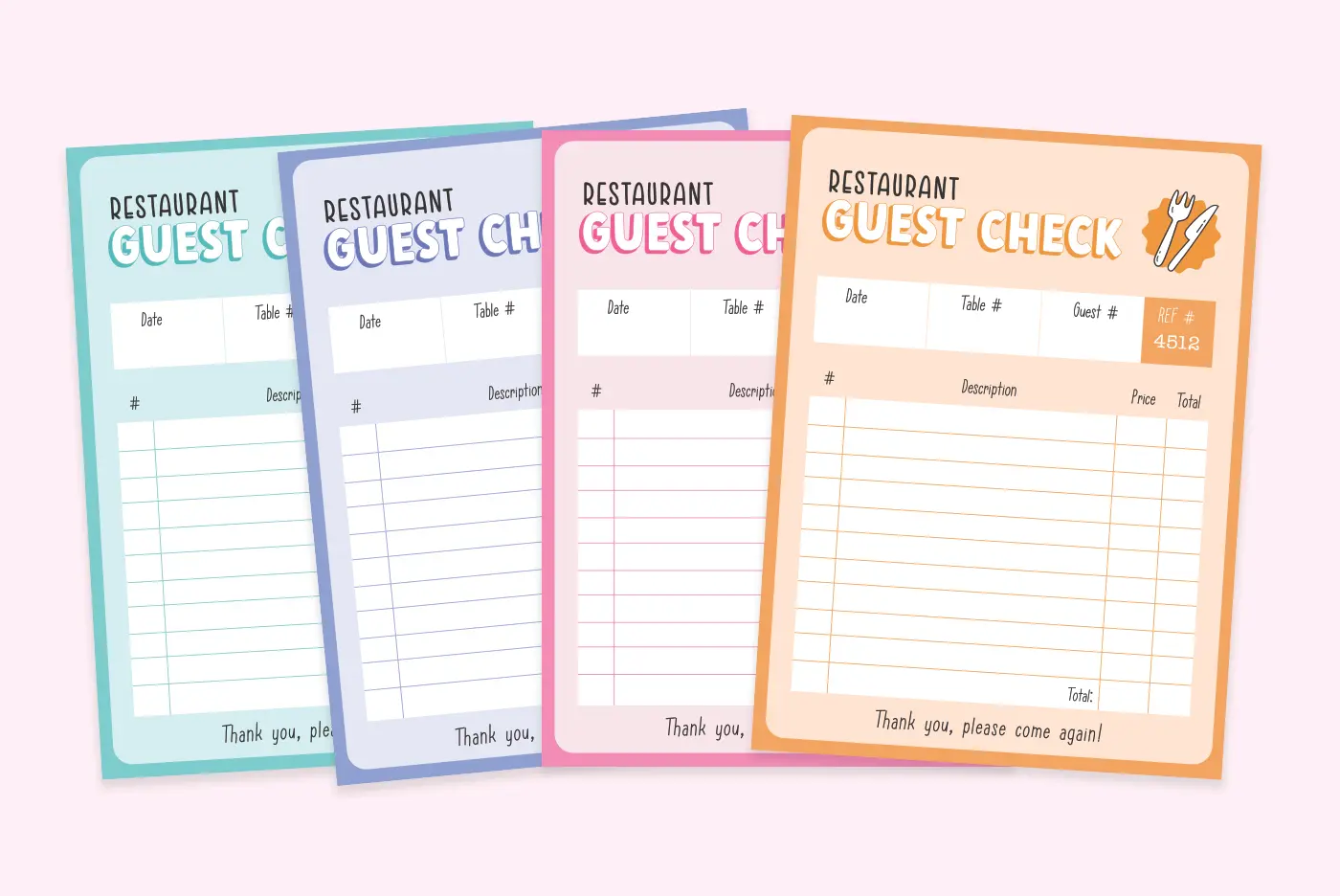 Printable set of guest checks for pretend play.