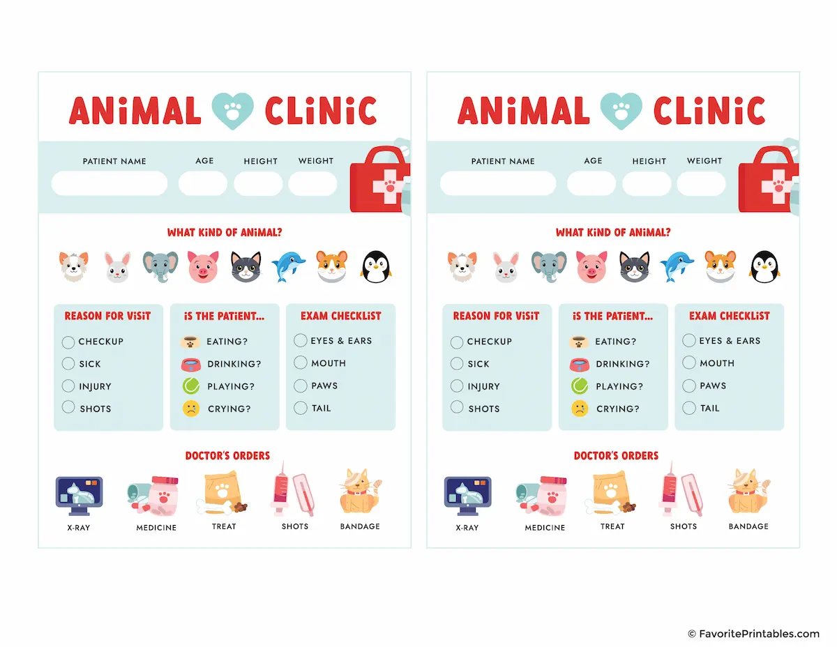 Free printable pretend play vet patient forms.