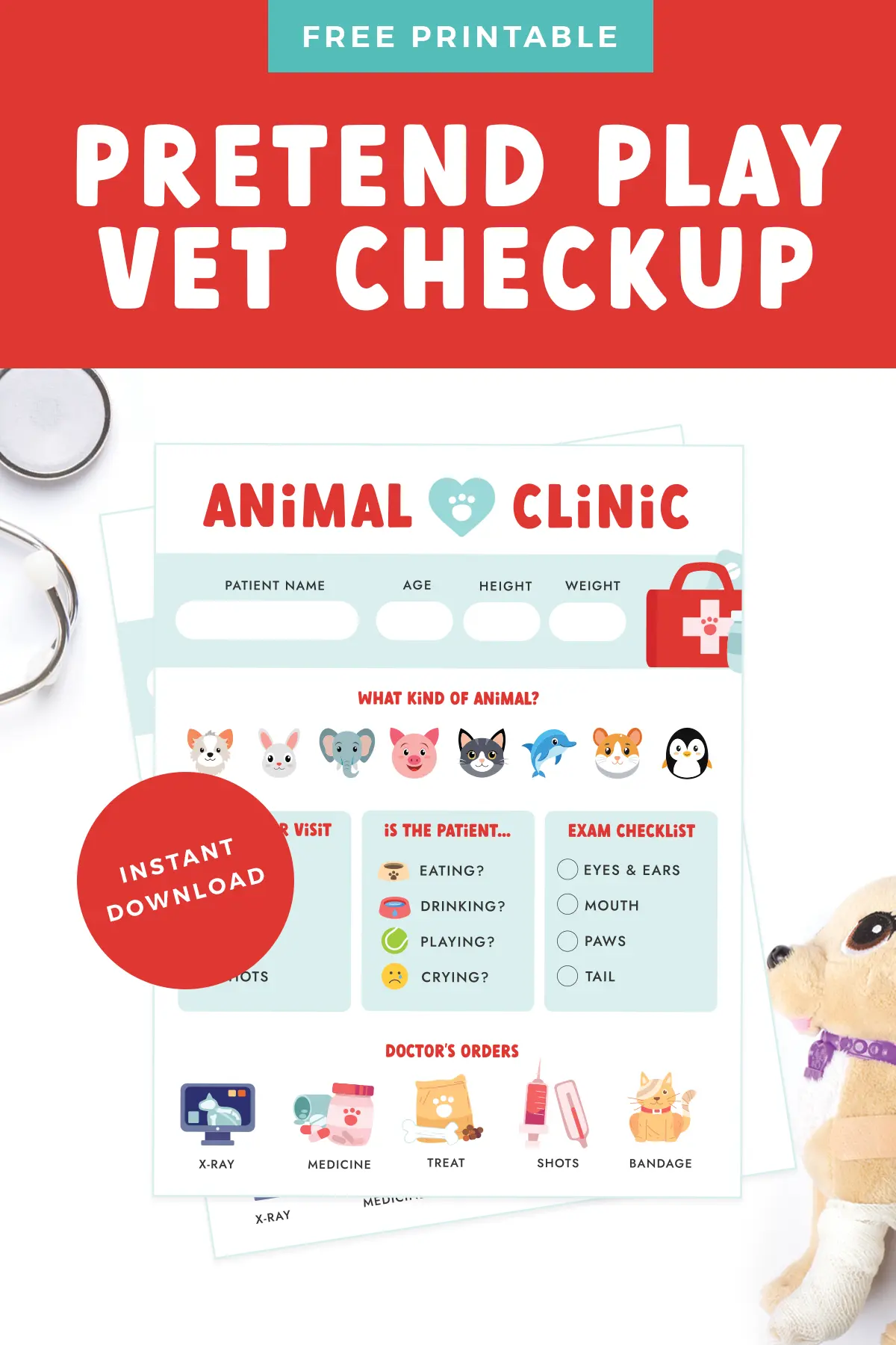 Free printable pretend play vet patient forms pin.