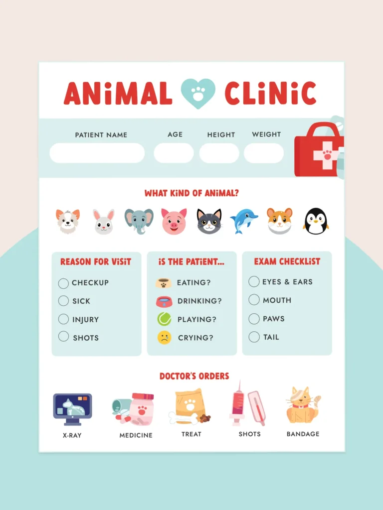 Free printable pretend play vet patient forms.